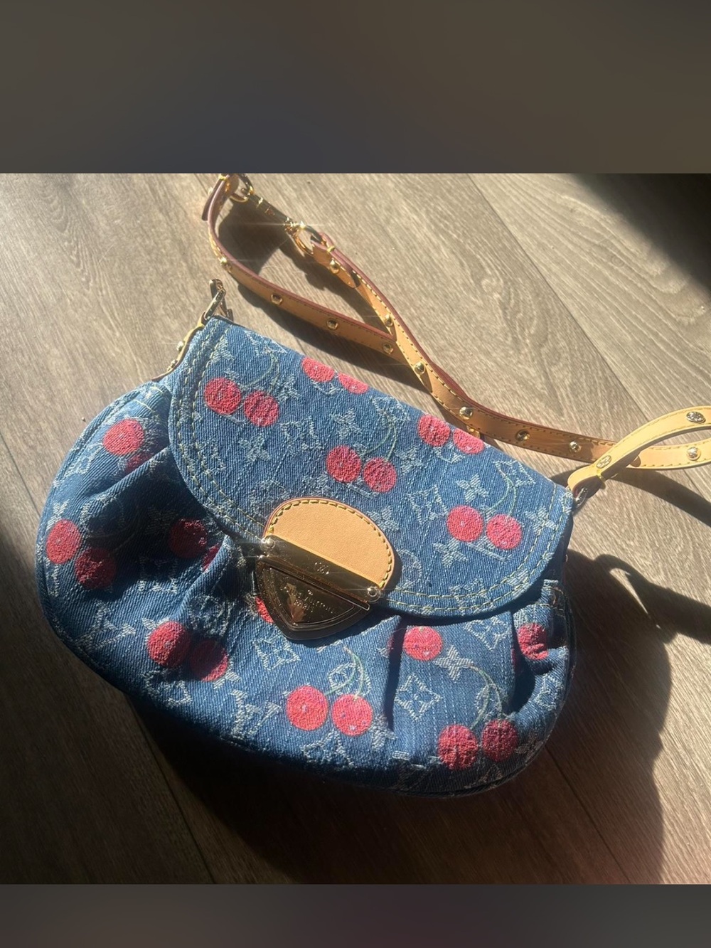 Denim Cherry-Print Shoulder Bag